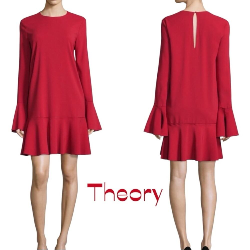 Theory Red Ruffled Long Sleeve Dress NWOT Size 4